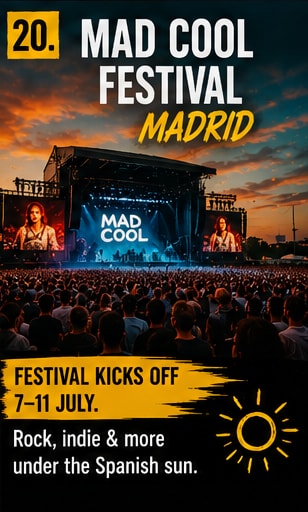 Mad Cool Festival poster graphic featuring a crowded outdoor festival stage under a dramatic sunset.