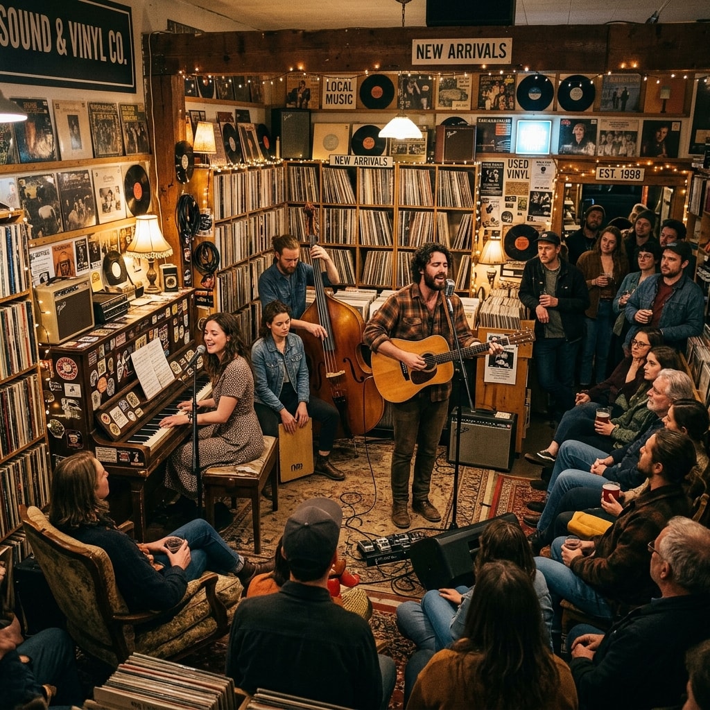 An indie band performing an intimate acoustic set inside a cozy record store surrounded by vinyl records.