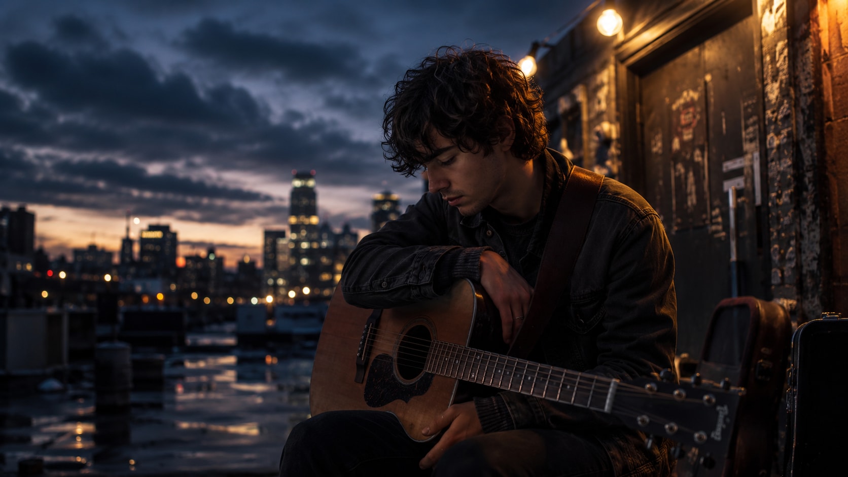 A male singer-songwriter sitting on a rooftop at sunset, holding an acoustic guitar, with the Chicago skyline in the background.