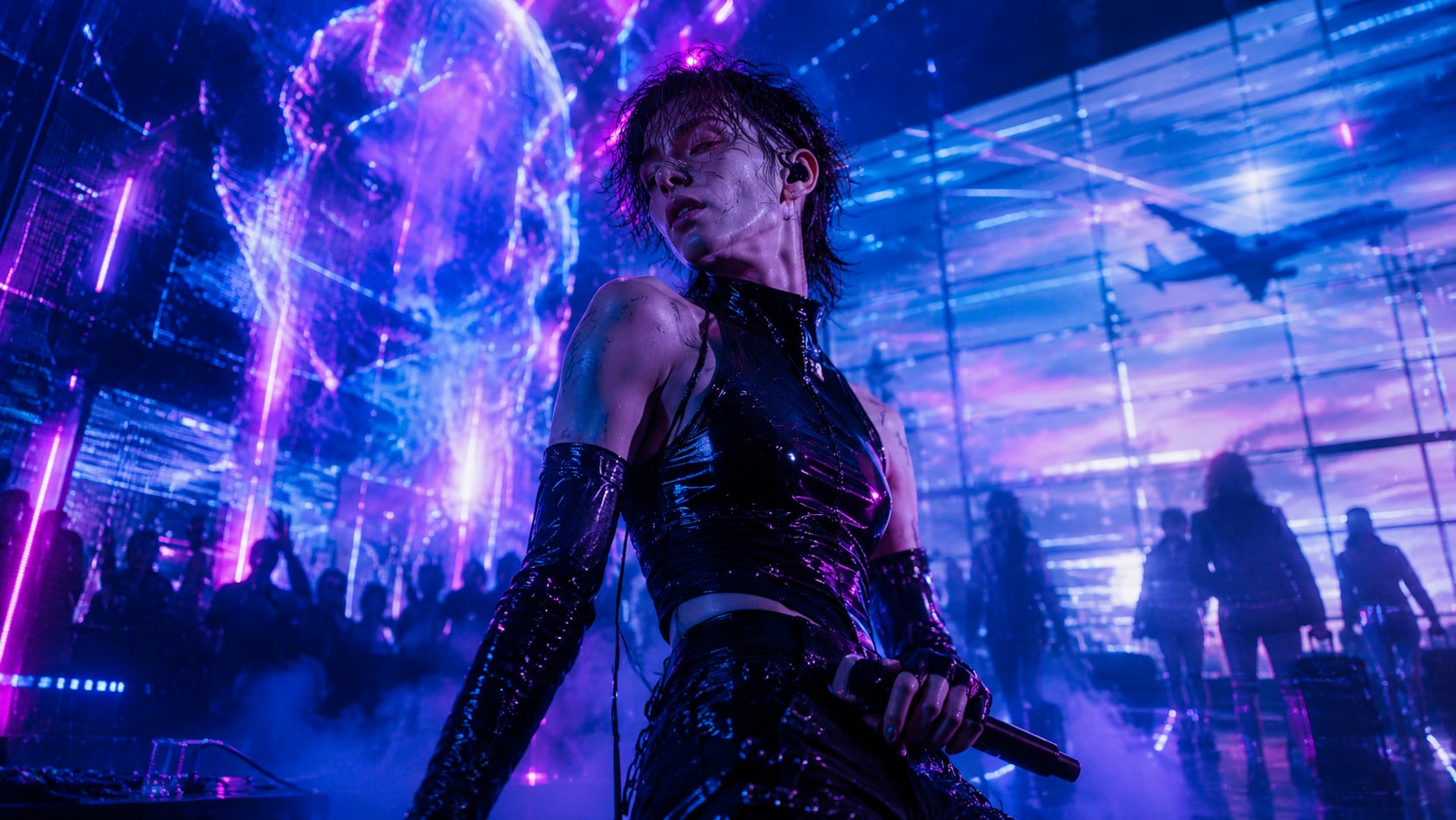 UCHE YARA performing under purple neon lights in a shiny black outfit, with a scanner graphic in the background.