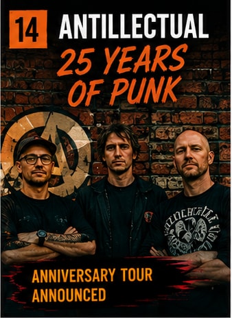 Punk trio Antillectual standing in front of a brick wall marked with an anarchy symbol.