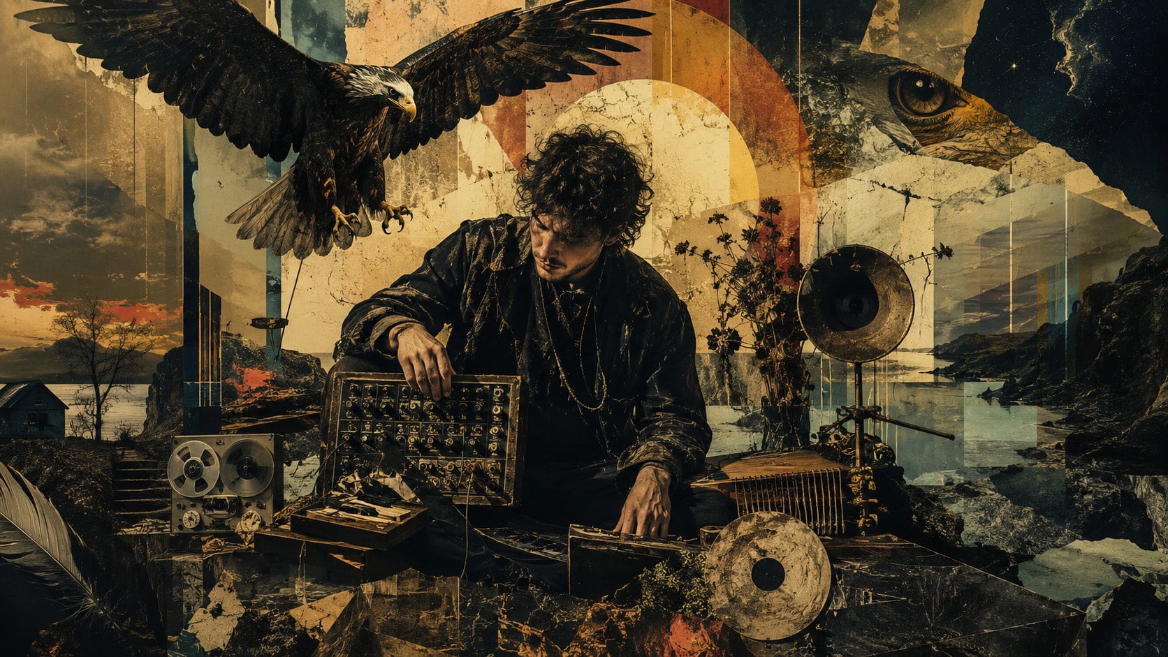 A surreal artistic collage featuring a musician, modular synthesizers, tape recorders, and a soaring eagle.