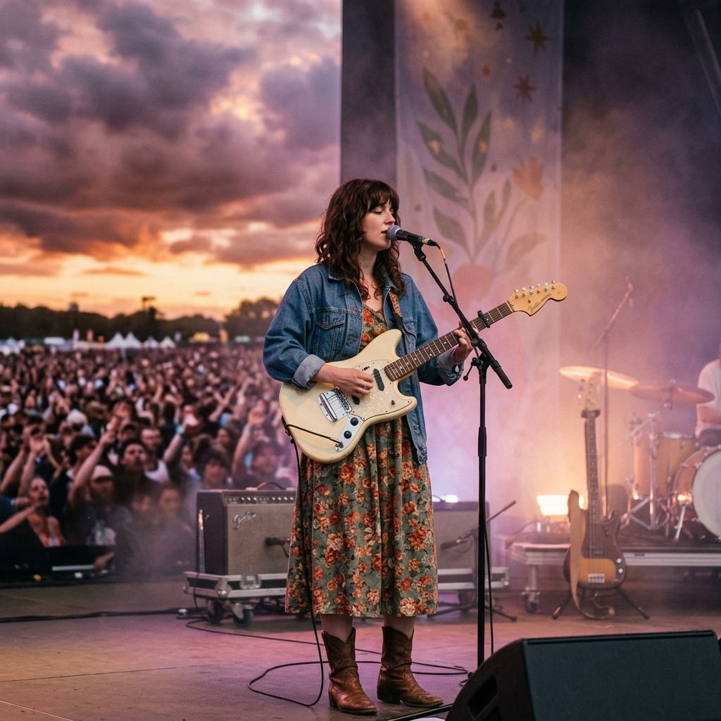 A female singer with dark hair performing on a stage under a bright orange and purple sunset sky.