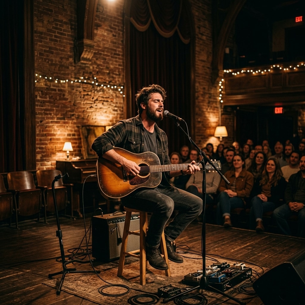 Dev Hynes performing acoustic guitar live on stage in front of a warm amber spotlight inside a brick-walled theater.