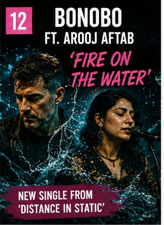 Bonobo and Arooj Aftab performing live together in a moody studio setting with water splash visuals.
