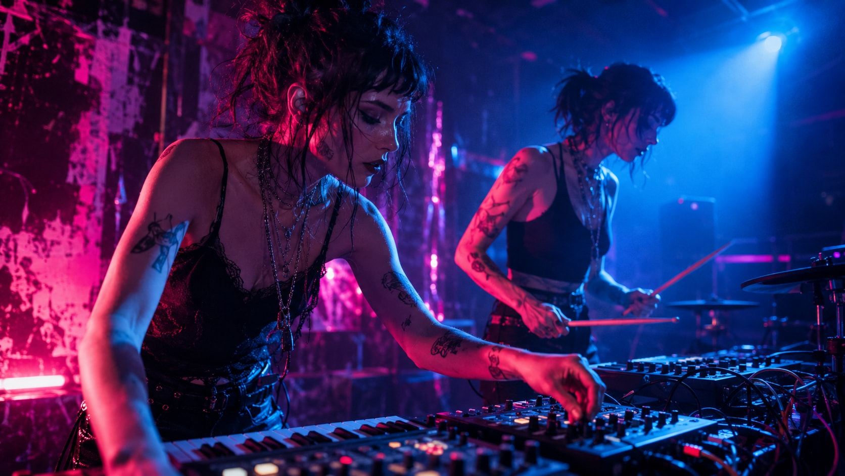 Electronic duo Disgusting Sisters performing with keyboards and synthesizers in a dark nightclub under pink and blue neon lights.
