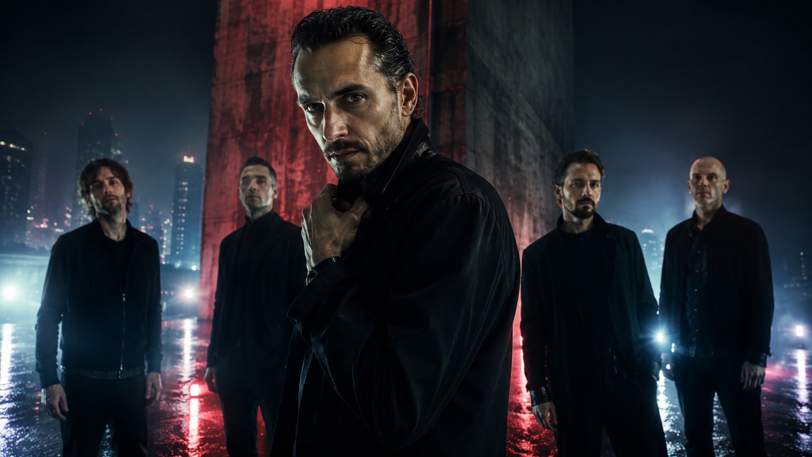 Alternative band Editors posing in a dark concrete industrial structure at night under red-lit columns.