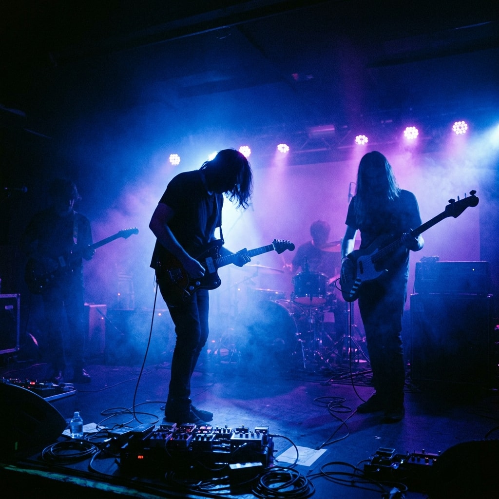 A shoegaze band performing on a dark stage filled with blue and violet foggy lighting and guitar silhouettes.