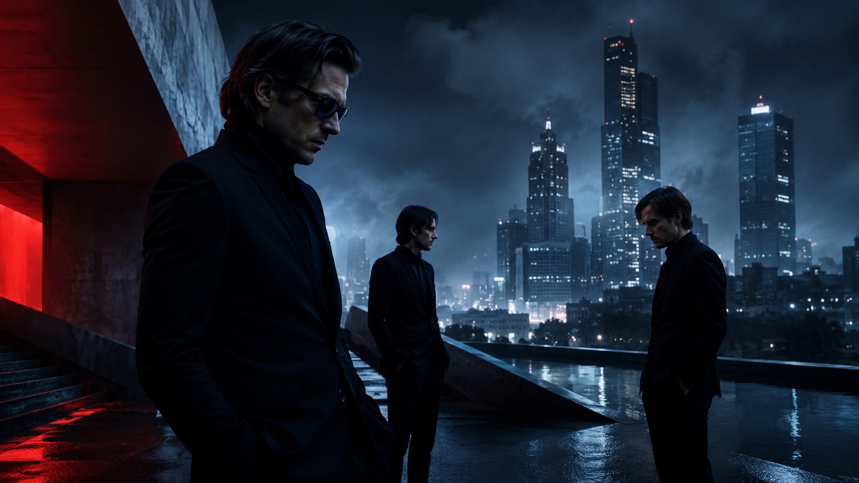 Interpol band members in sharp dark suits standing on a wet roof at night with a futuristic city background.