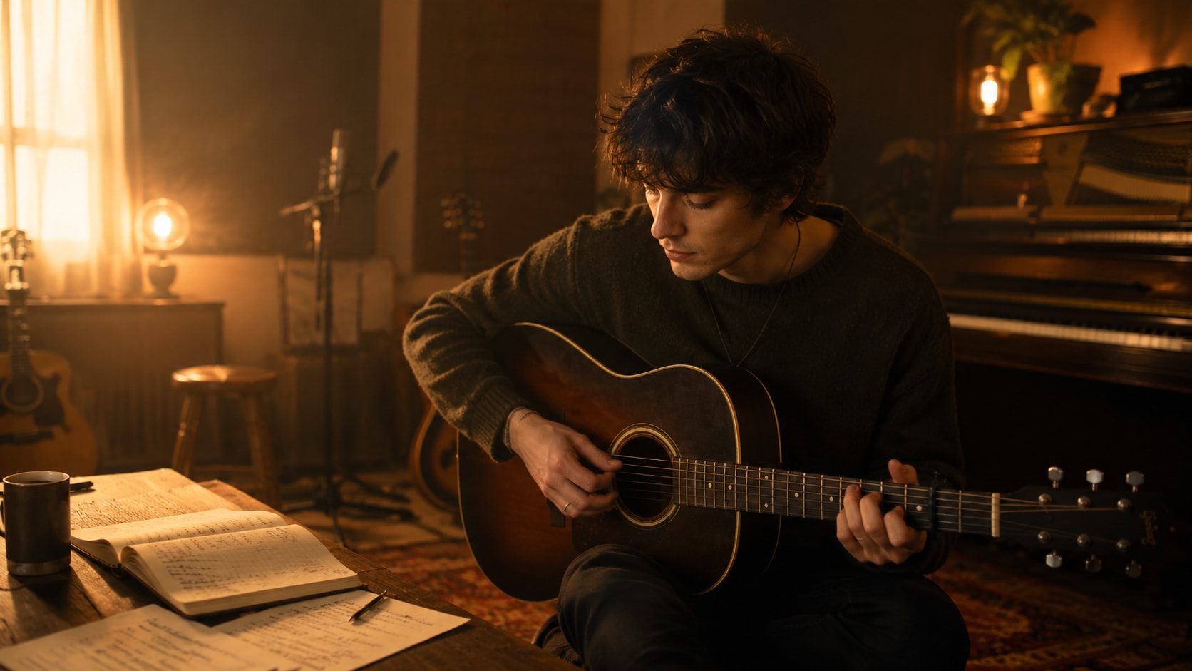 A male singer-songwriter sitting in a cozy home studio playing an acoustic guitar and writing lyrics.