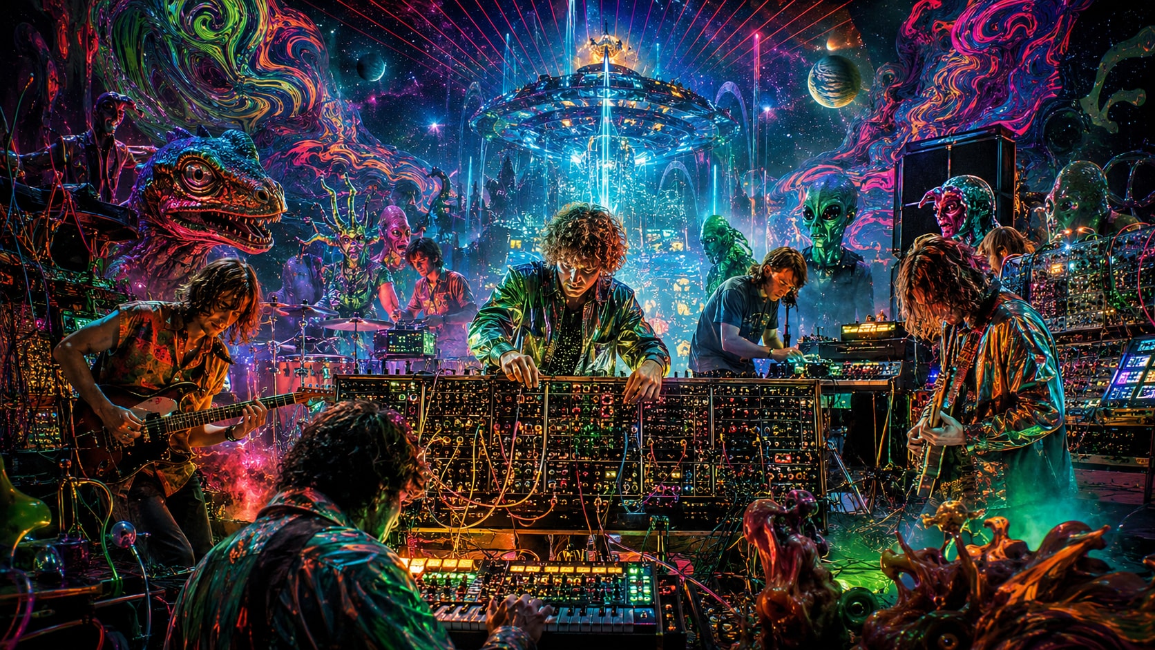 A psychedelic space band playing a complex modular synthesizer rig surrounded by alien creatures.