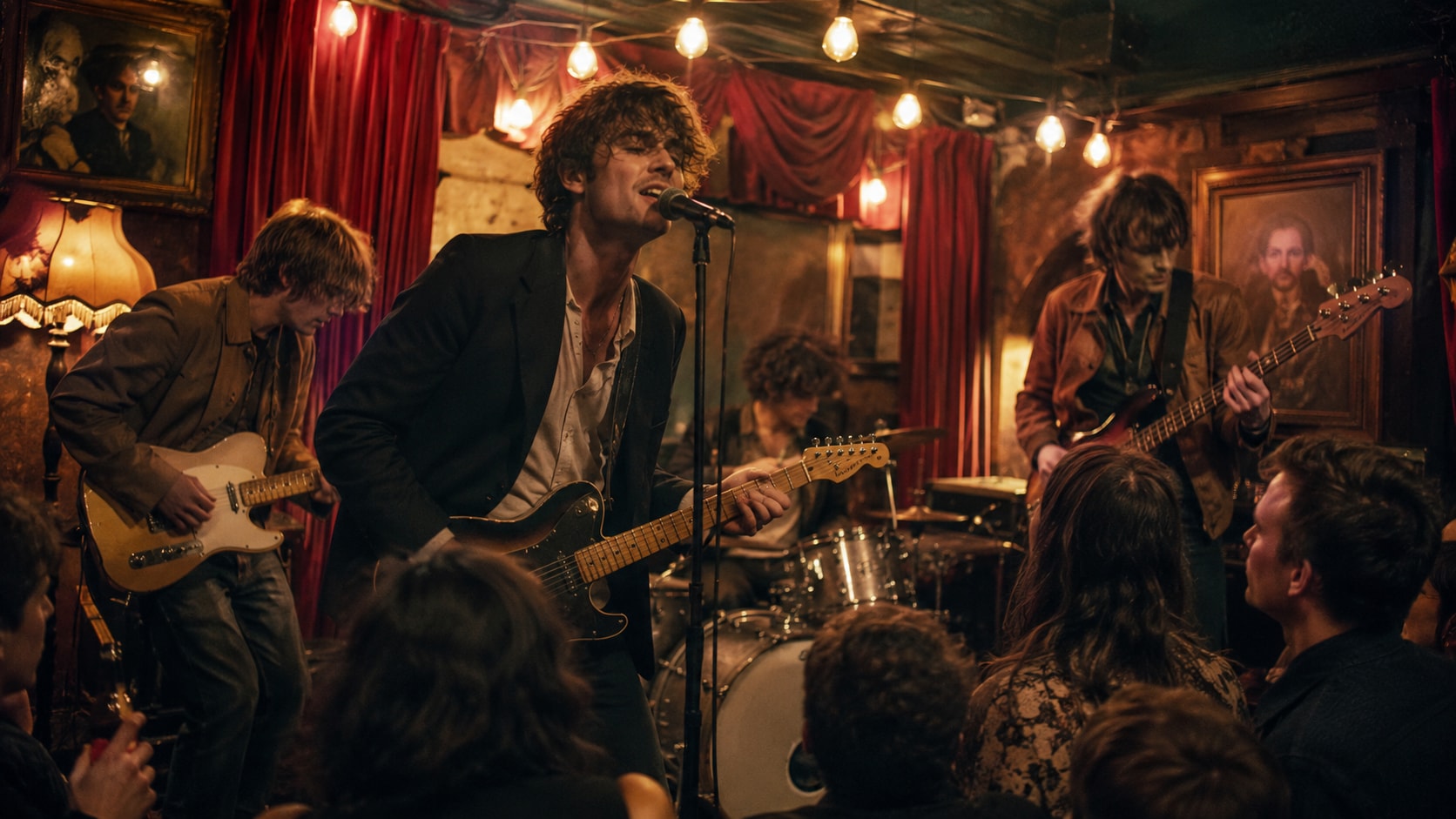 Indie rock band Little Grandad performing live on a dimly lit pub stage in front of a cozy crowd.
