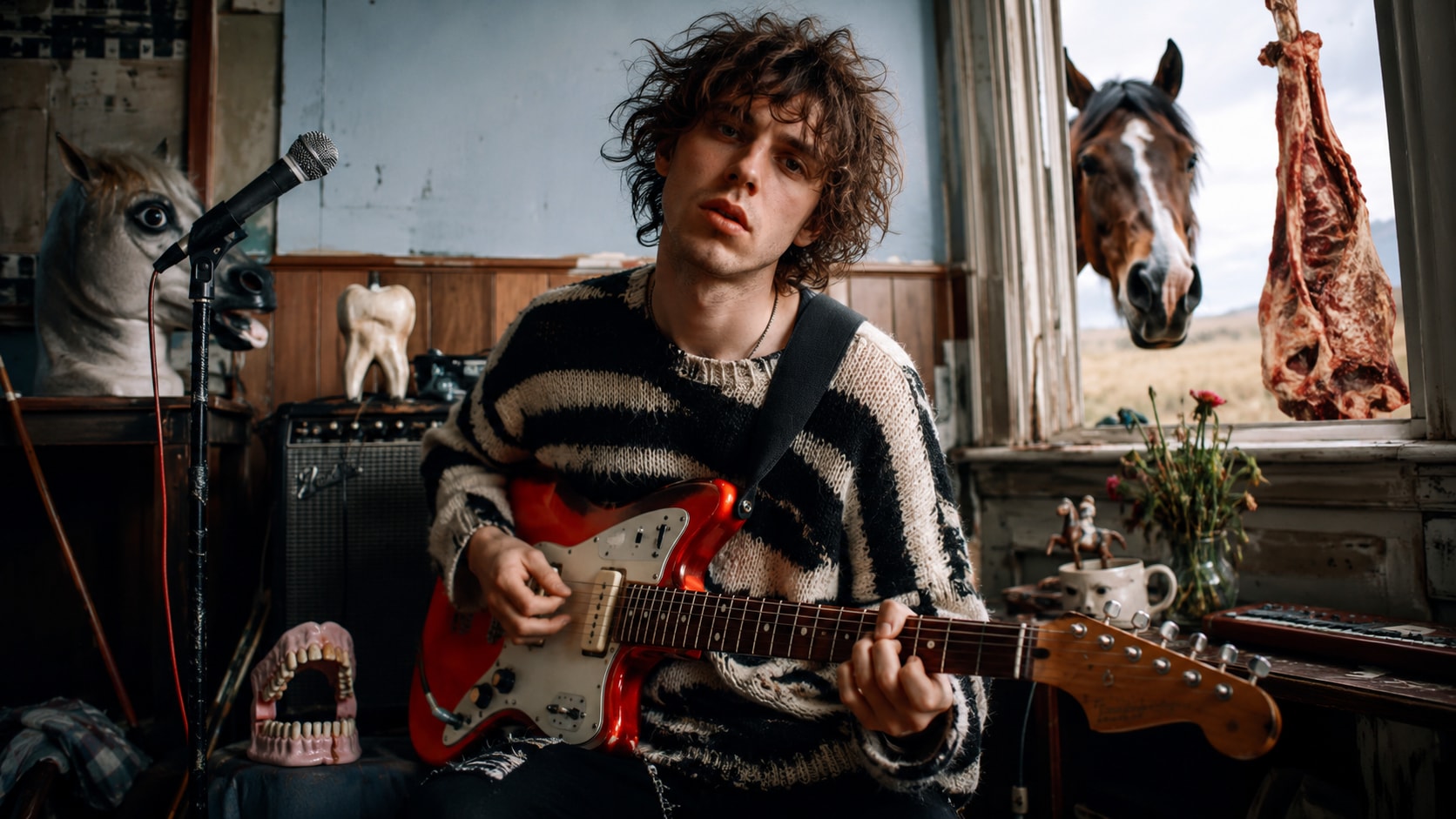 Lonnie Gunn sitting with an electric guitar in a room featuring horse-related oddities like a model tooth and a horse head mask.