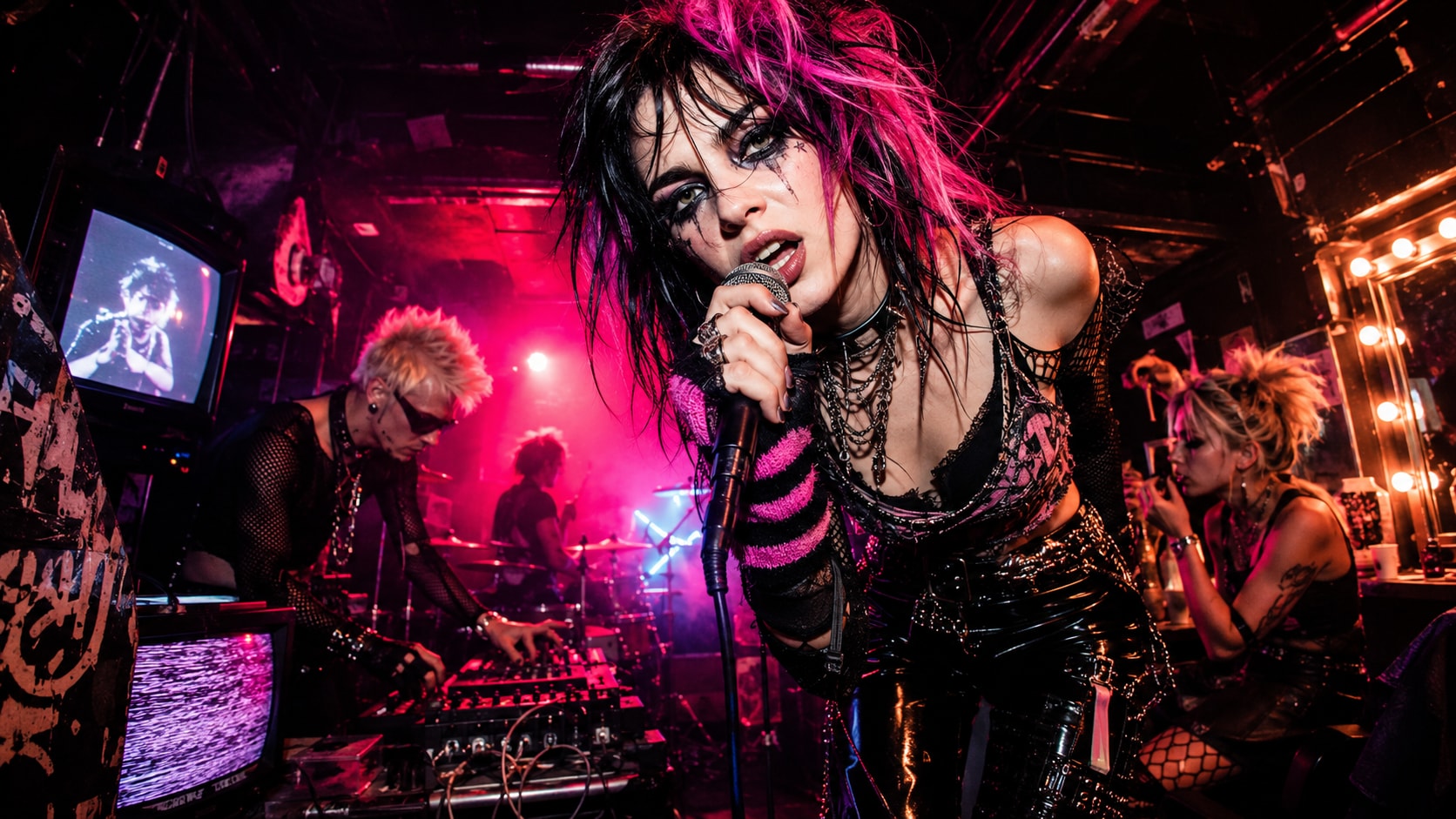 A female singer with pink and black hair performing in a dark electro-punk club setting under red lights.