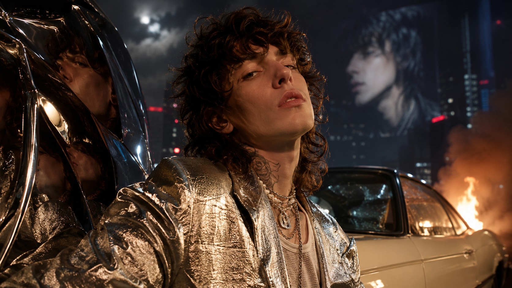 A musician in a silver jacket standing next to a car at night with a cinematic background screen.