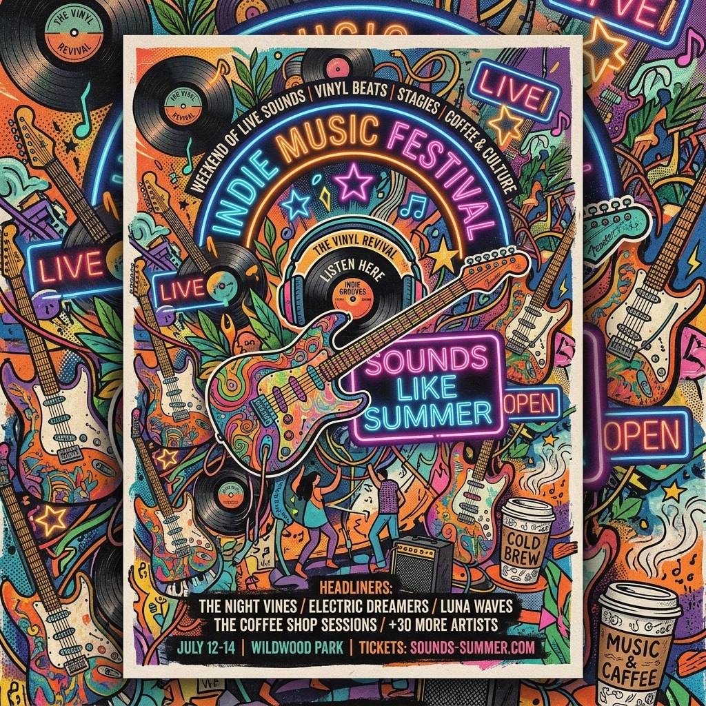 A busy creative collage of indie music elements including vinyl records, electric guitars, headphones, and neon lights.