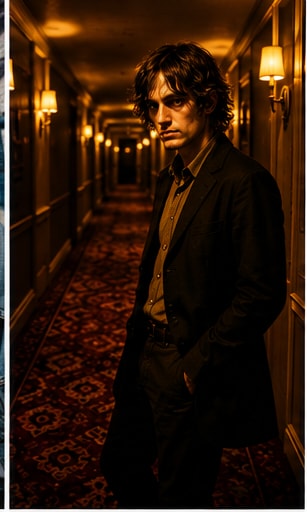 Tom Christie of Fraternal Twin sitting reflectively in a dimly lit hotel room hallway holding a guitar.