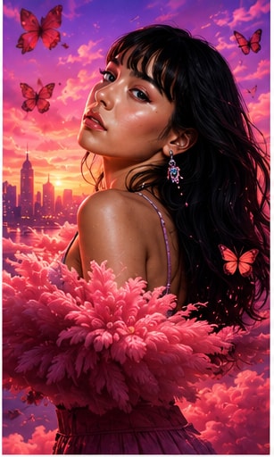 Girl Ultra floating through a colorful, surreal dreamscape on a flying carpet under disco lighting.