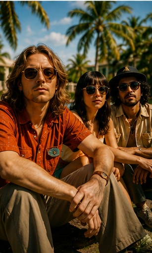 Jungle group members J Lloyd, Tom McFarland, and Lydia Kitto standing in warm golden-hour sunset light.