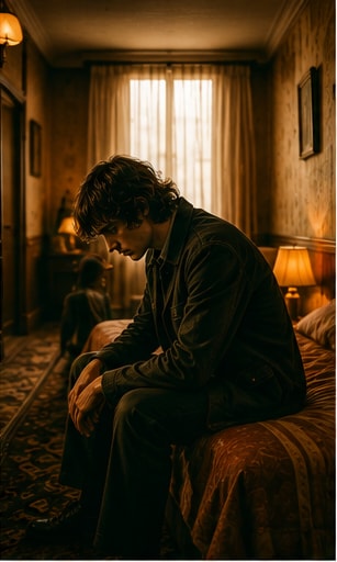 Finn Wolfhard performing with his guitar in a professional music studio.