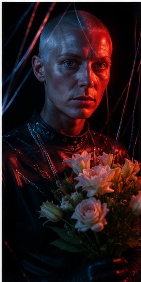 Hurricane leaning against a wall in a dimly-lit neon room, looking thoughtful.