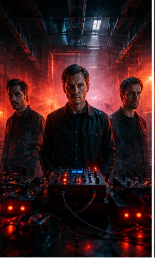 Manchester indie band Cutscene in a high-contrast editorial street portrait.
