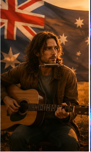Dominic Breen with his acoustic guitar in a rustic Australian outback setting.
