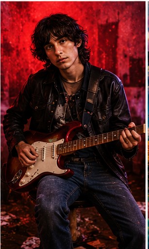 Finn Wolfhard in a recording session, looking focused while playing his guitar.