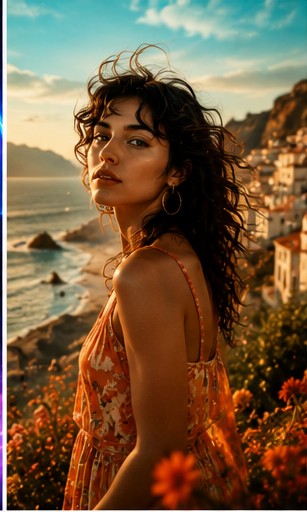 A sunlit editorial portrait of Tamara & the Dreams looking towards the ocean waves.