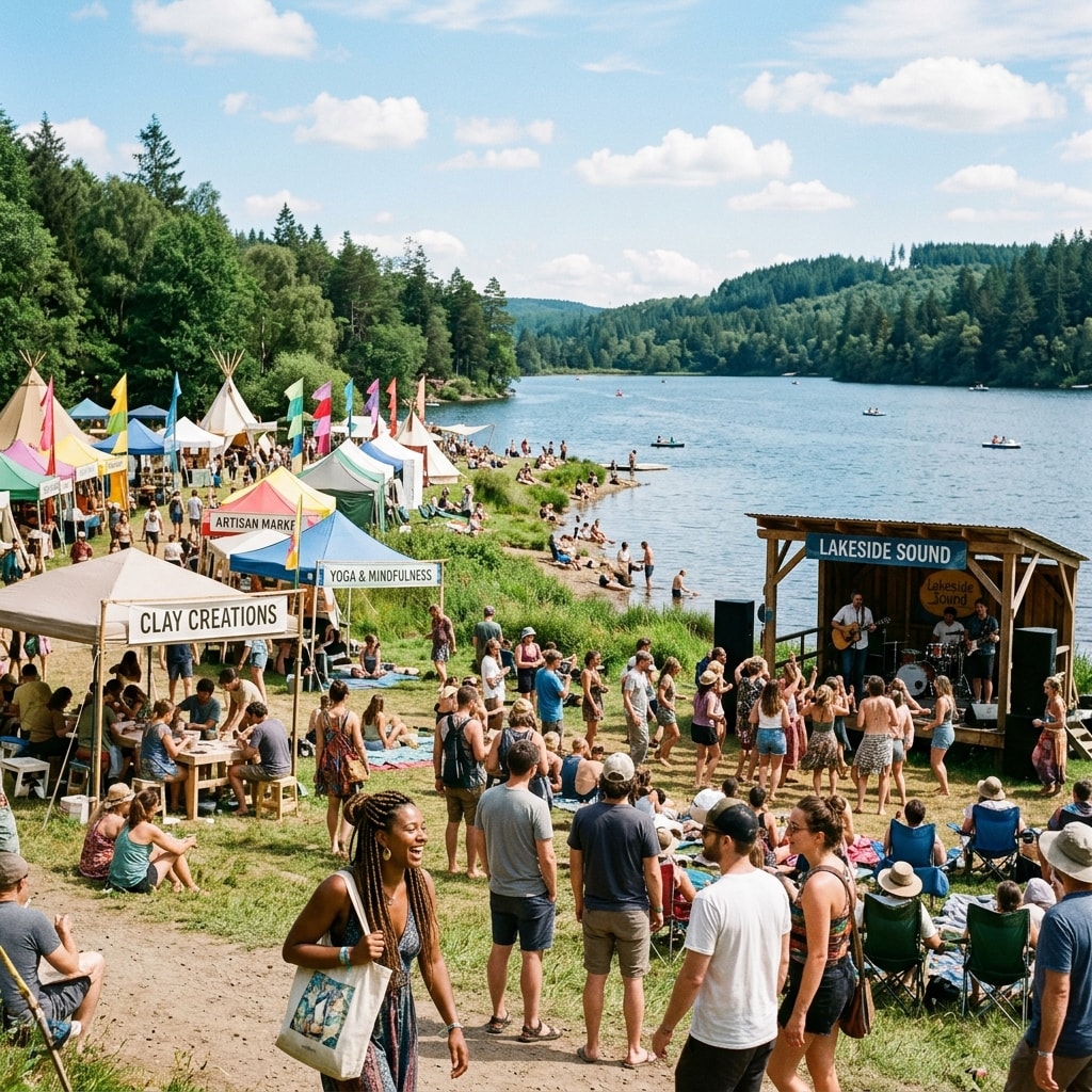 A sunlit, community-oriented outdoor setup at ALSO Festival by the lake in Warwickshire.