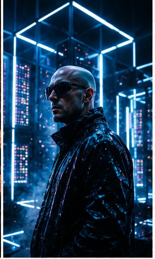Actress in a futuristic glowing neon structure from the Overchord video.