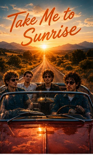 A group of friends driving a convertible towards a sunset with text 'Take Me to Sunrise'.