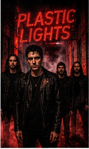 Members of the band BRACH walking in a dark alley under a red neon sign reading 'PLASTIC LIGHTS'.