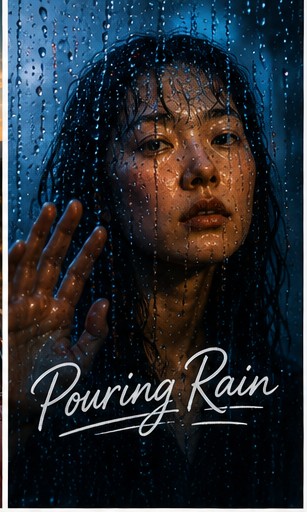 A woman looking through a rain-slicked window pane with text 'Pouring Rain'.