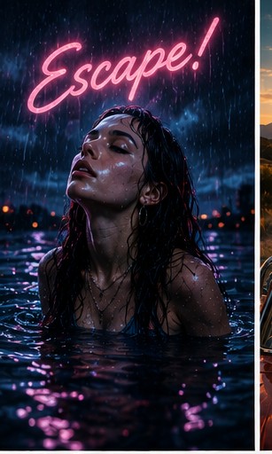 A woman floating in water under the rain with a neon pink 'Escape!' sign.