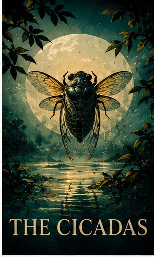 A large cicada insect against a full moon with text 'THE CICADAS' at the bottom.