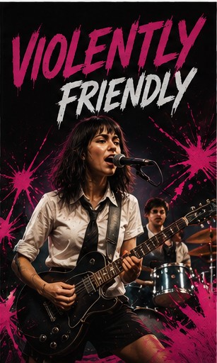 Female guitarist performing live on stage with pink splatters and text 'VIOLENTLY FRIENDLY'.