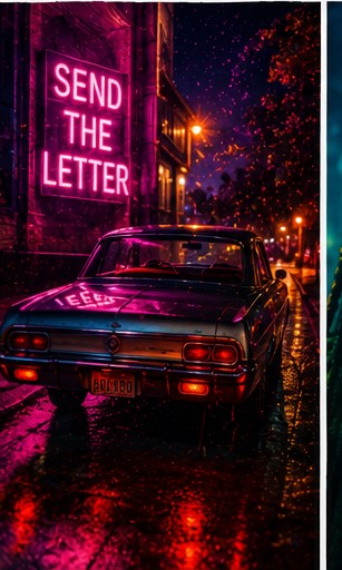 A retro car parked in a wet alley under a glowing neon sign 'SEND THE LETTER'.