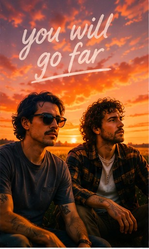 Hovvdy members sitting in a field under a sunset sky with the text 'you will go far'.