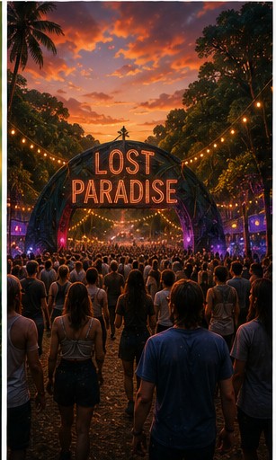 A large crowd of festival-goers entering the Lost Paradise archway under a sunset sky.