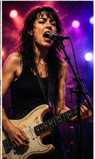 Vocalist Vera Leppänen singing with an electric guitar on stage.