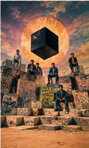 A collective standing on stone blocks under an orange sun eclipsed by a black cube.