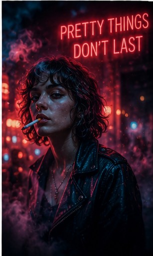 A woman with a cigarette under a glowing red neon sign 'PRETTY THINGS DON'T LAST'.