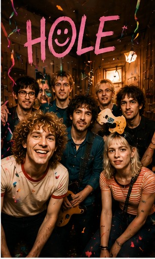 Personal Trainer band members smiling cheerfully under a pink 'HOLE' banner.