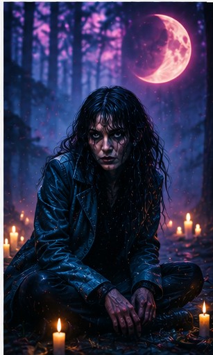 A person sitting on the ground surrounded by candles under a full moon in the forest.