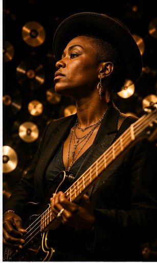 A Black female musician playing a bass guitar against a record wall.
