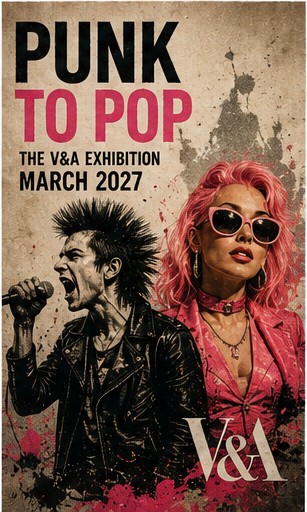 A vintage-style exhibition poster for Punk to Pop at the V&A Museum in March 2027.