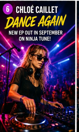 Chloé Caillet DJing under colourful club lights for the Dance Again EP campaign.