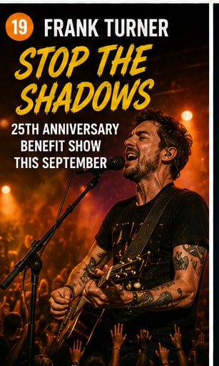Frank Turner performing on stage with crowd for the Stop the Shadows benefit concert announcement.