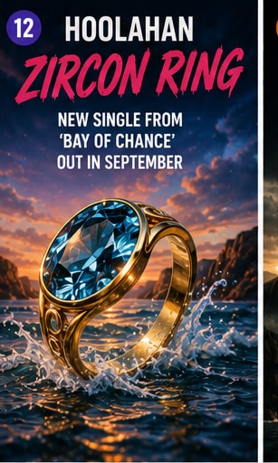 A large zircon ring catching light over ocean waves for Hoolahan's Zircon Ring single.